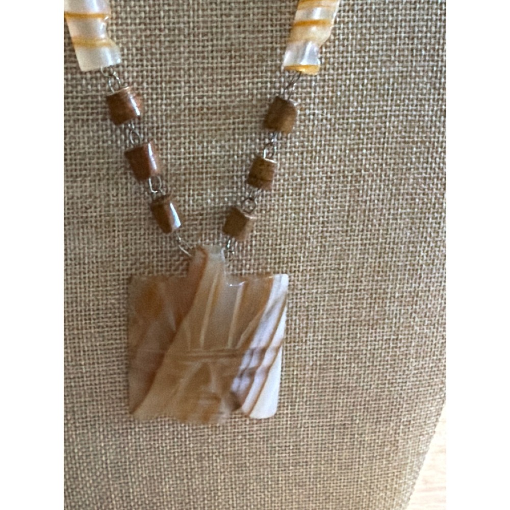 Carved Aztec Mayan Face Stone Pendant Necklace Banded Onyx Wood Beads - Picture 4 of 8
